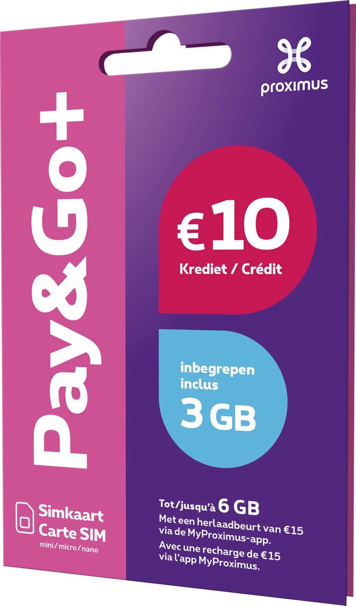 Belgische Simkaart Proximus Pay&Go+ | Prepaid Simkaart | 10 euro krediet en 3 GB | Let op! Alleen te gebruiken als je woonachtig bent in België - registratie woonadres is verplicht!