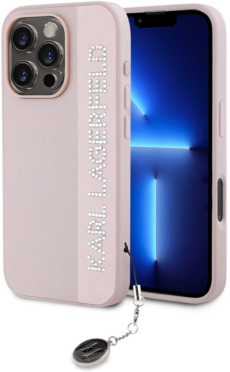 Karl Lagerfeld - Backcover iPhone 16 Pro - Saffiano rhinestones and charm - Roze