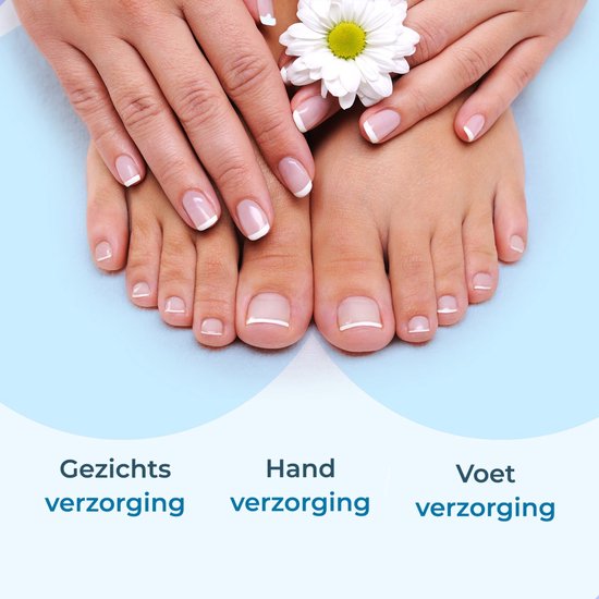Perfect gemanicuurde handen en voeten met Franse manicures, naast de tekst 'Gezichtsverzorging', 'Handverzorging' en 'Voetverzorging'.