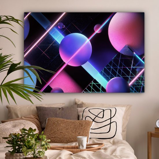 Canvas schilderij 120x80 cm - Wanddecoratie Bollen - Neon - Lijnen - Roze - Muurdecoratie woonkamer - Slaapkamer decoratie - Kamer accessoires - Schilderijen op canvas