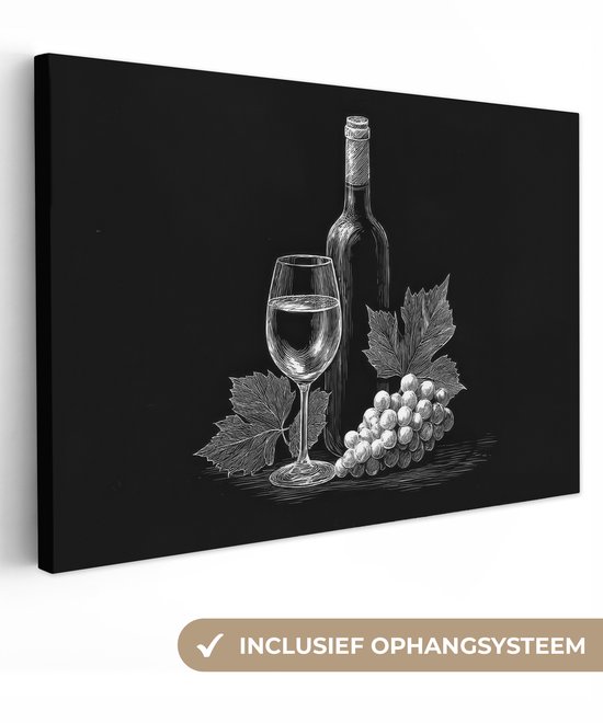 Perspectief van zwart canvas met witte lijntekening van wijnfles en druiven, inclusief tekst: Inclusief ophangsysteem.