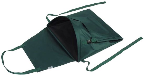 Donkergroen tuig met twee lange banden, open flap en zwarte gesp.