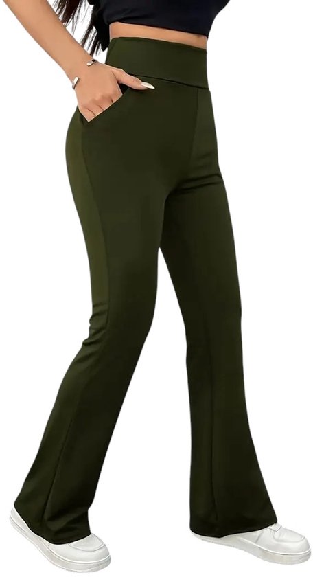 HORIZON Flared Broek met Zakken - Dames Legging - PETIT Pijplengte - Casual Flare Pants - Broek met Zakken - Stijlvol & Sportief - Rekbaar - Zachte stof - Army Green - Maat XL