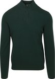 Pull en laine mérinos vert foncé avec fermeture éclair à la gorge, manches longues et col montant.