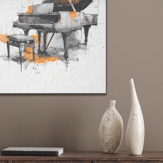 Akoestisch wandpaneel 30x40 cm - Vilt schilderij Piano - Oranje - Zwart - schets lijnen - Akoestische panelen - Geluidsdempende wanddecoratie - Geluidsisolatie woonkamer - Muurdecoratie geluidspanelen
