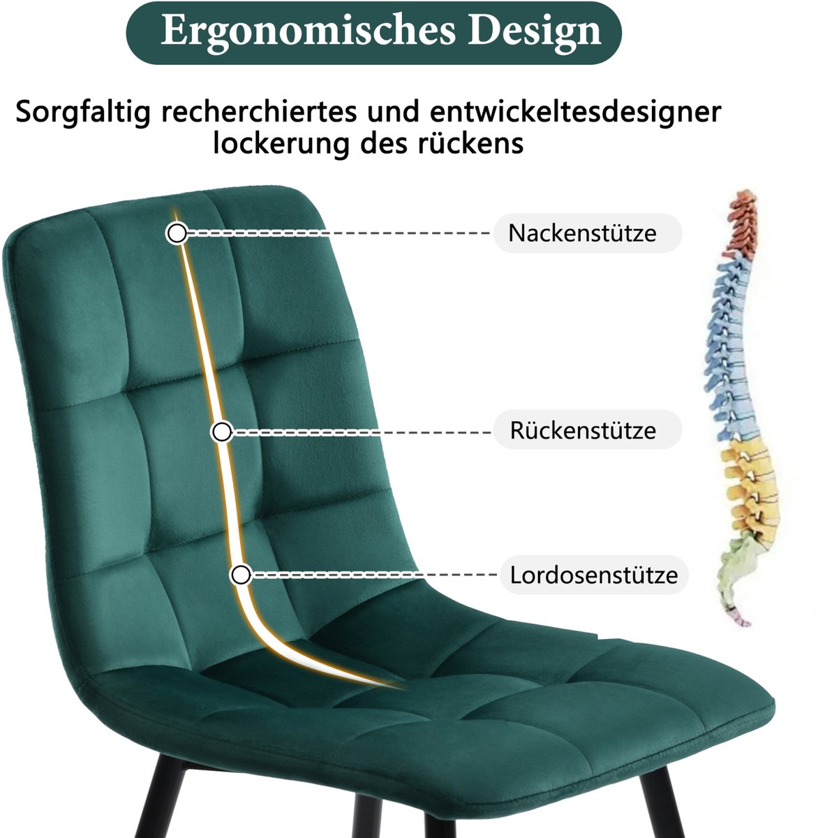 Eetkamerstoelen set van 4, donkergroen, keukenstoel met fluwelen bekleding, woonkamerstoel met rugleuning, gestoffeerde stoel met metalen poten, ergonomische stoel voor eettafel – foto 8