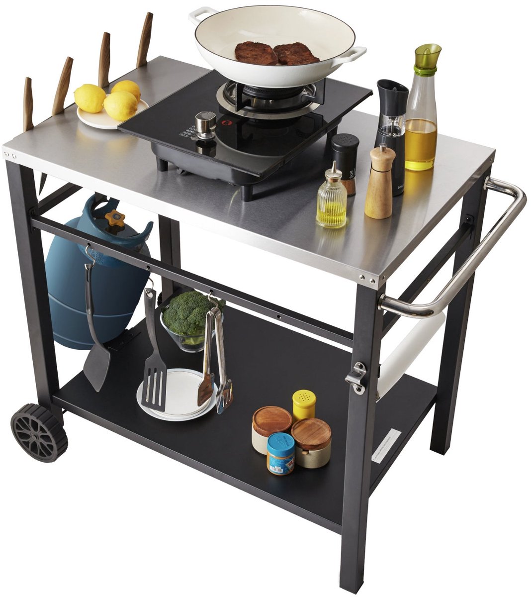 BBQ Werktafel – Barbecue Tafel – Grilltafel – Buitenkeuken Trolley – Werkbank Buiten – Roestvrijstalen Blad – Dubbele Plank – 85x55 cm – Verrijdbaar Met 2 Wielen