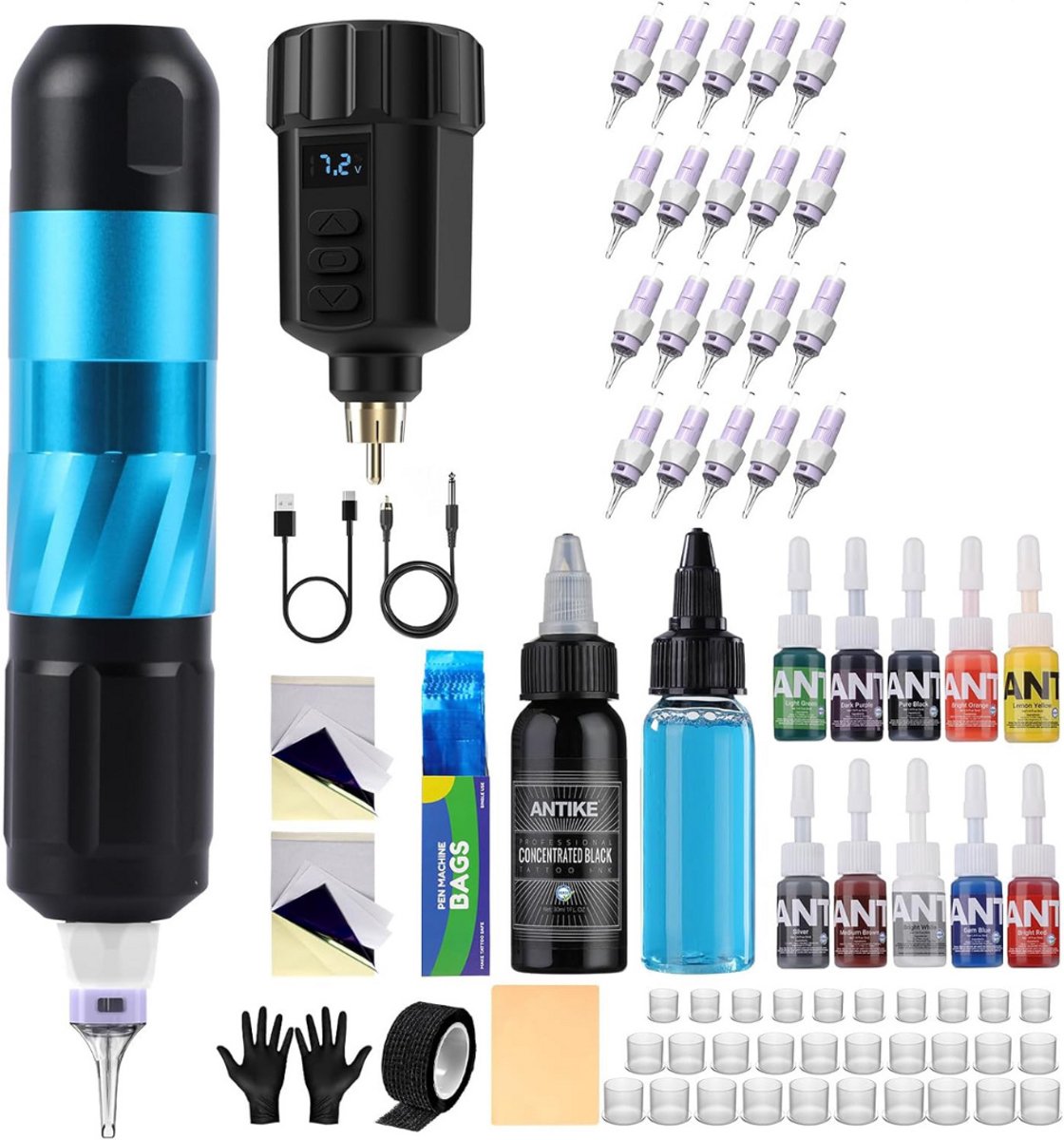 MKSS® Tattoo Machine met Accessoires - Tattoo kit Draadloos - Complete Set - Blauw