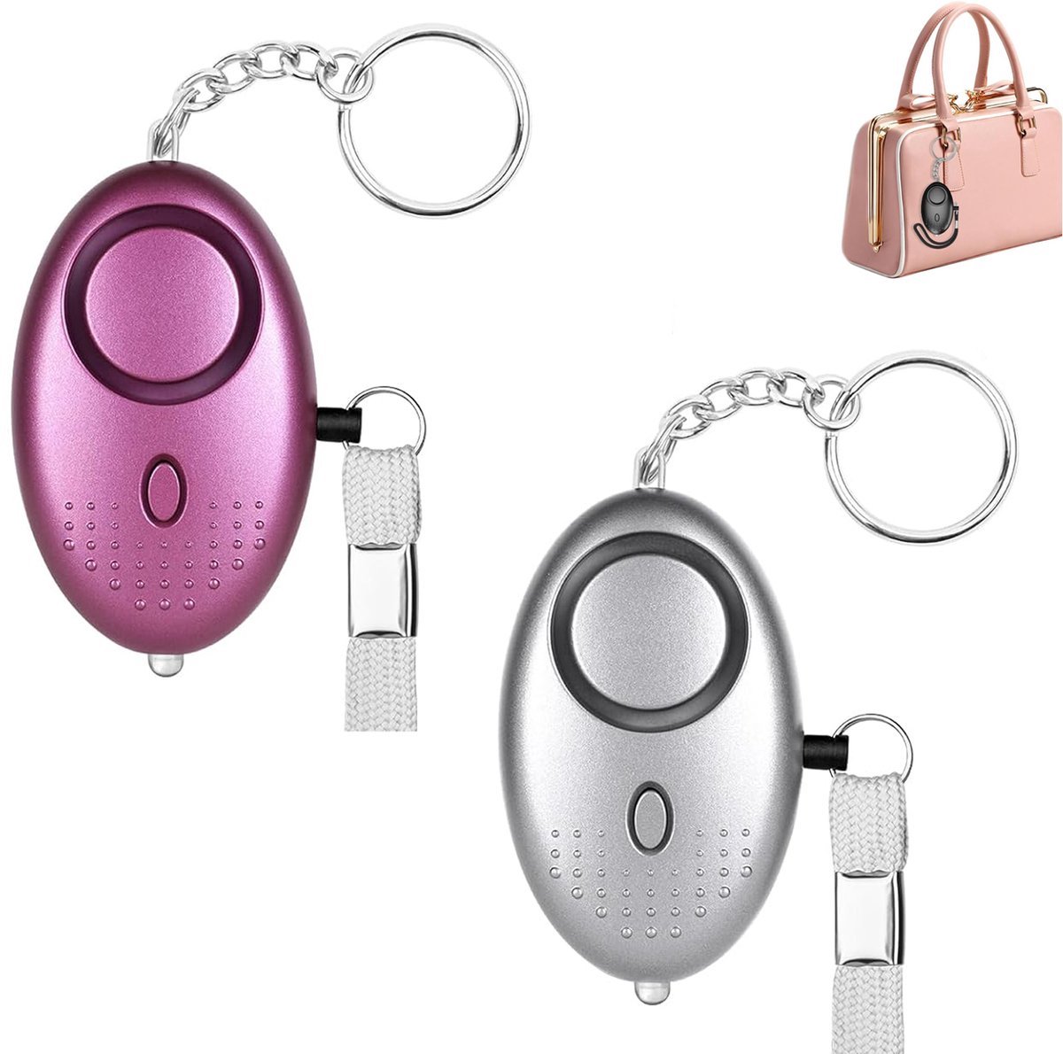 2 Stuks - Paars & Zilver- 140 dB - Persoonlijke Alarm - Met LED Zaklamp En Sleutelhanger - Persoonlijk Zakalarm - Pepperspray - Paniekalarm - Anti Wolf Fluitje - Sleutelhanger - Voor Vrouwen, Meisjes En Ouderen