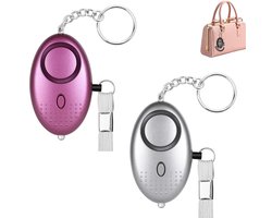 2 Stuks - Paars & Zilver- 140 dB - Persoonlijke Alarm - Met LED Zaklamp En Sleutelhanger - Persoonlijk Zakalarm - Pepperspray - Paniekalarm - Anti Wolf Fluitje - Sleutelhanger - Voor Vrouwen, Meisjes En Ouderen