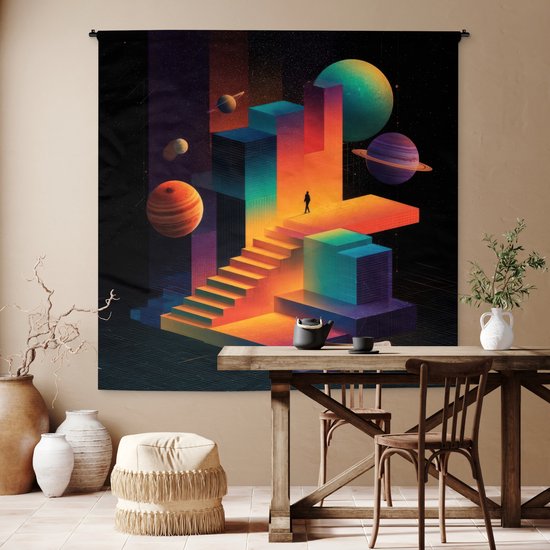 Wandkleed 180x180 cm - Wanddoek Abstract - Trappen - Mens - Planeten - Wandtapijt - Wandkleden