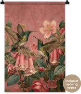 Wandkleed 60x90 cm - Wanddoek Kolibries - Bloemen - Groen - Roze - Wandtapijt - Wandkleden