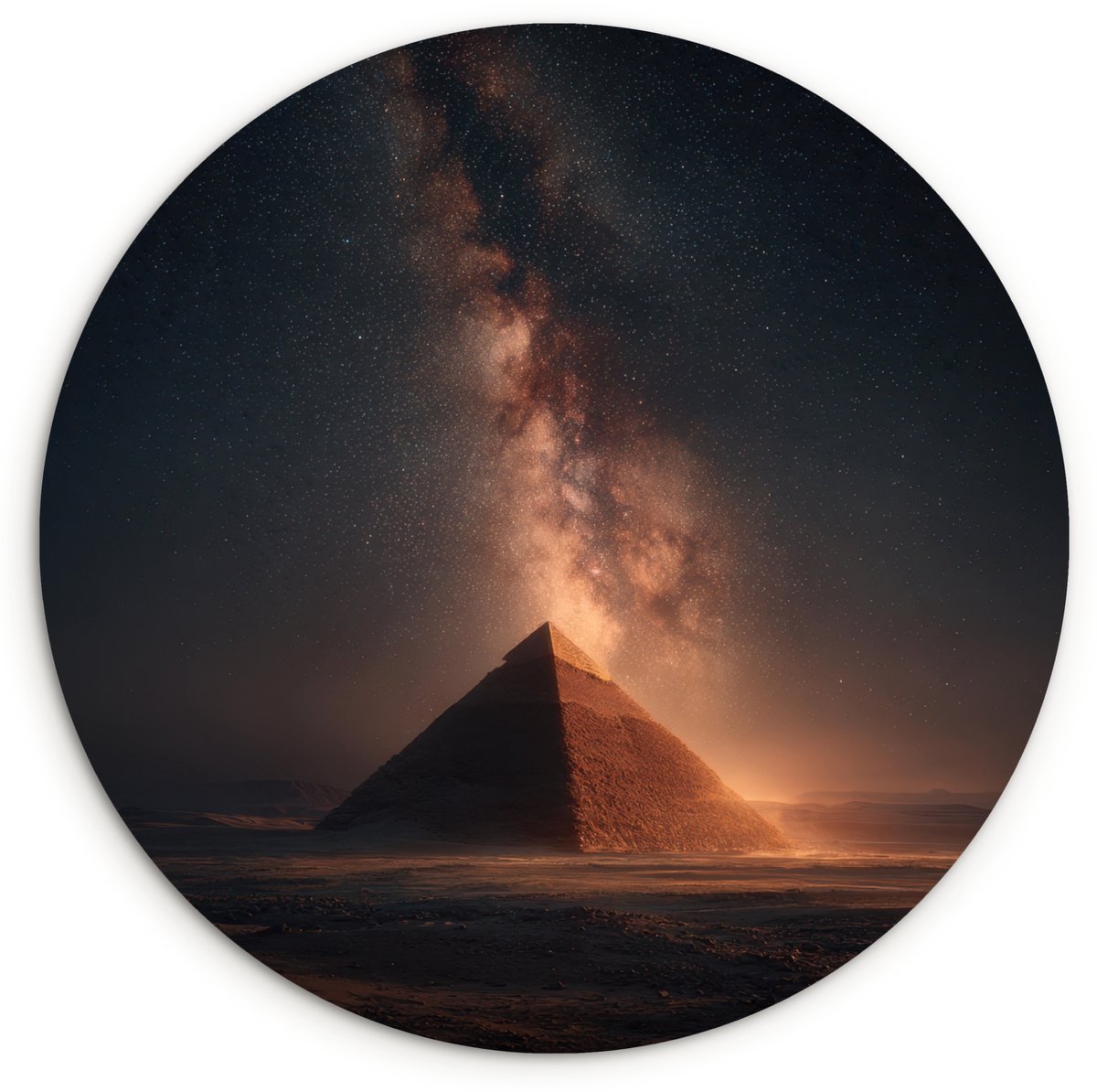 WallCircle Wandcirkel 140x140 cm - Muurcirkel Piramide - Woestijn - Licht - Muurdecoratie woonkamer - Wanddecoratie slaapkamer - Kamer decoratie accessoires - Ronde schilderijen Piramide - Sterren