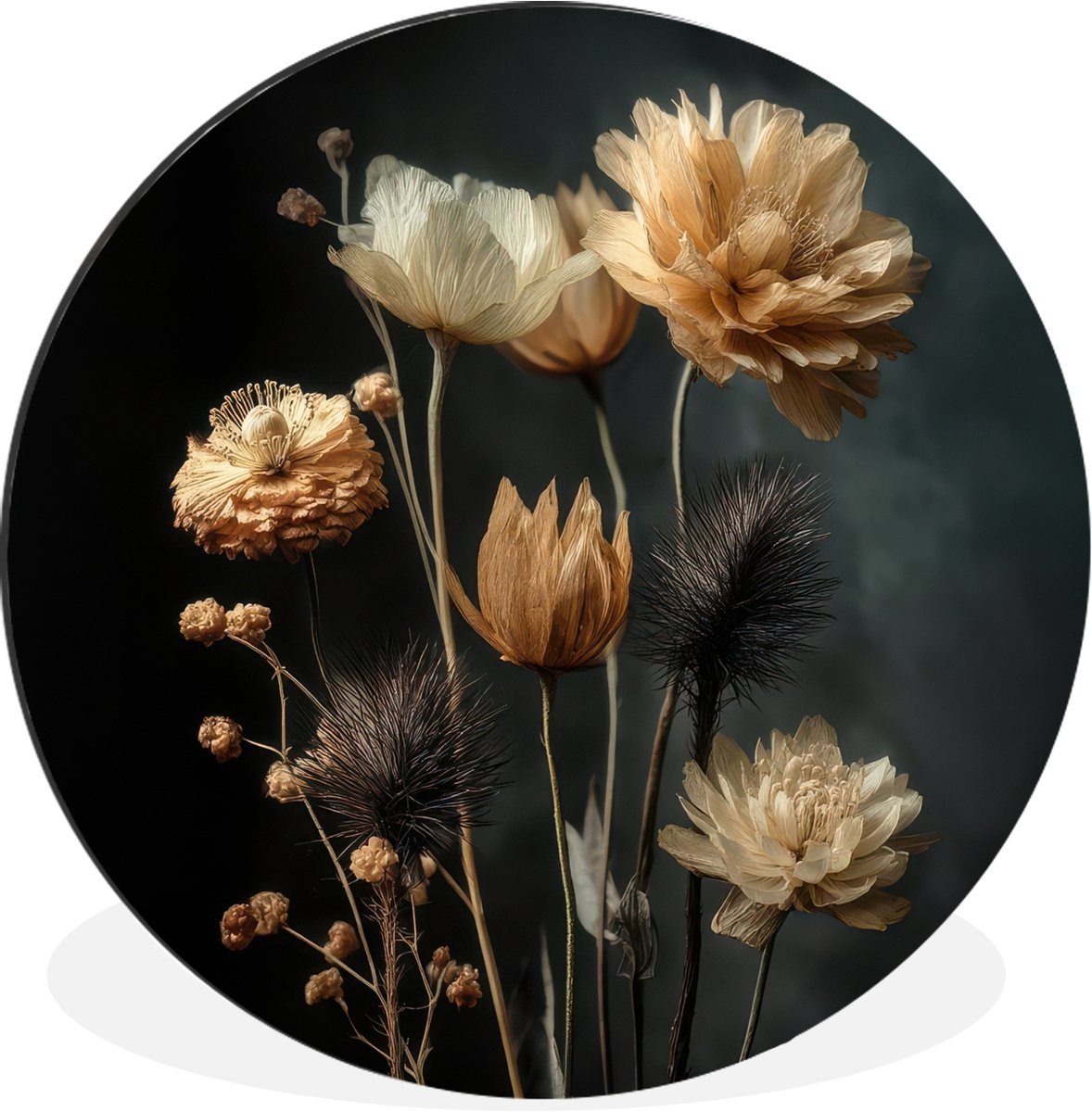 WallCircle Wandcirkel - Muurcirkel - Boeket - Bloemen - Licht - Zwart - Aluminium - Dibond - 30x30 cm - Binnen en Buiten