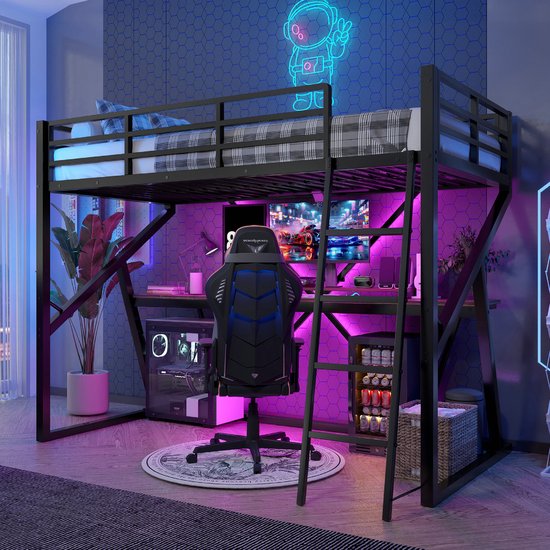 Lit mezzanine 90x200 cm avec bureau - lit enfant avec éclairage LED et rampe, escalier - structure en fer - noir (matelas non inclus)
