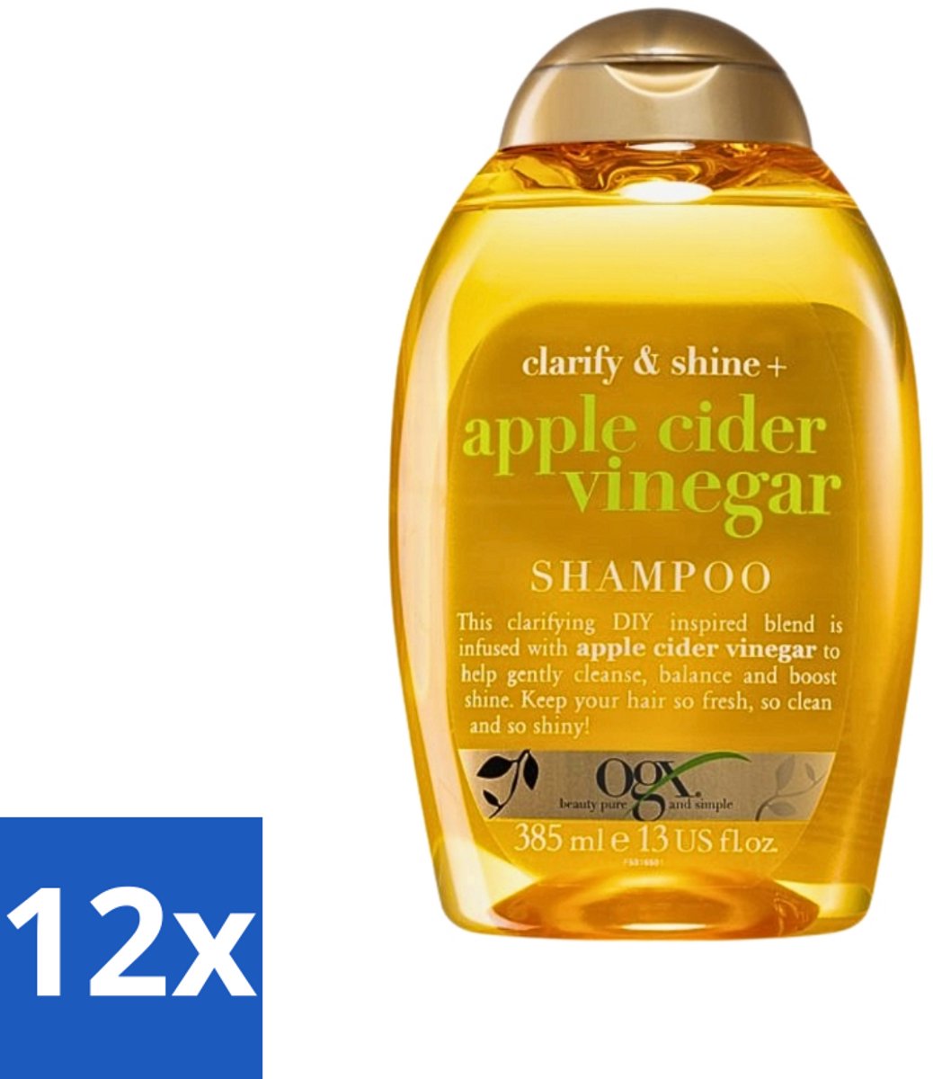 12 x OGX - Apple Cider Vinegar - Shampoo - Clarify + Shine - 385 ml - Apple Cider Vinegar Shampoo - Zuiverende Shampoo - Haar Glans - Haar Opfrissen - Haar Reset