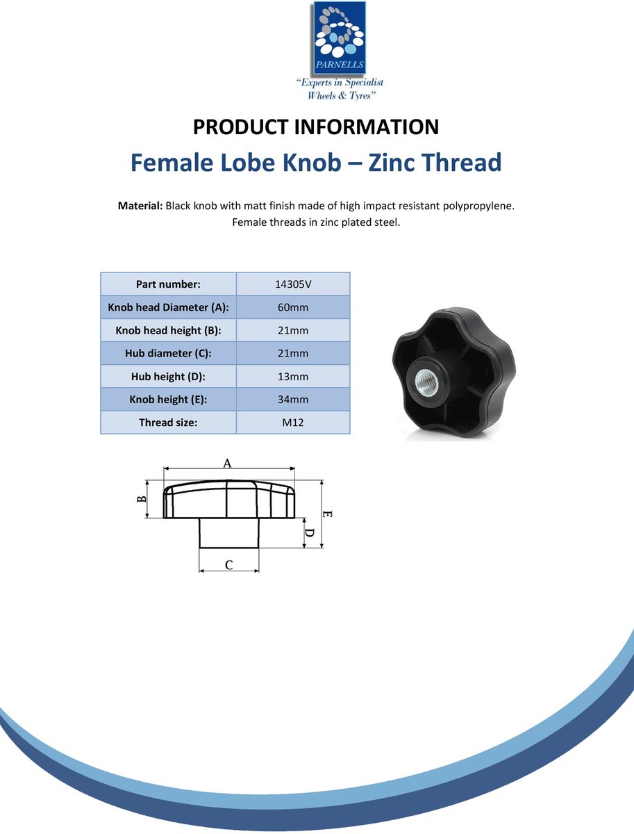 M12-binnendraadknop van thermoplastisch materiaal (met zinken inzetstuk)