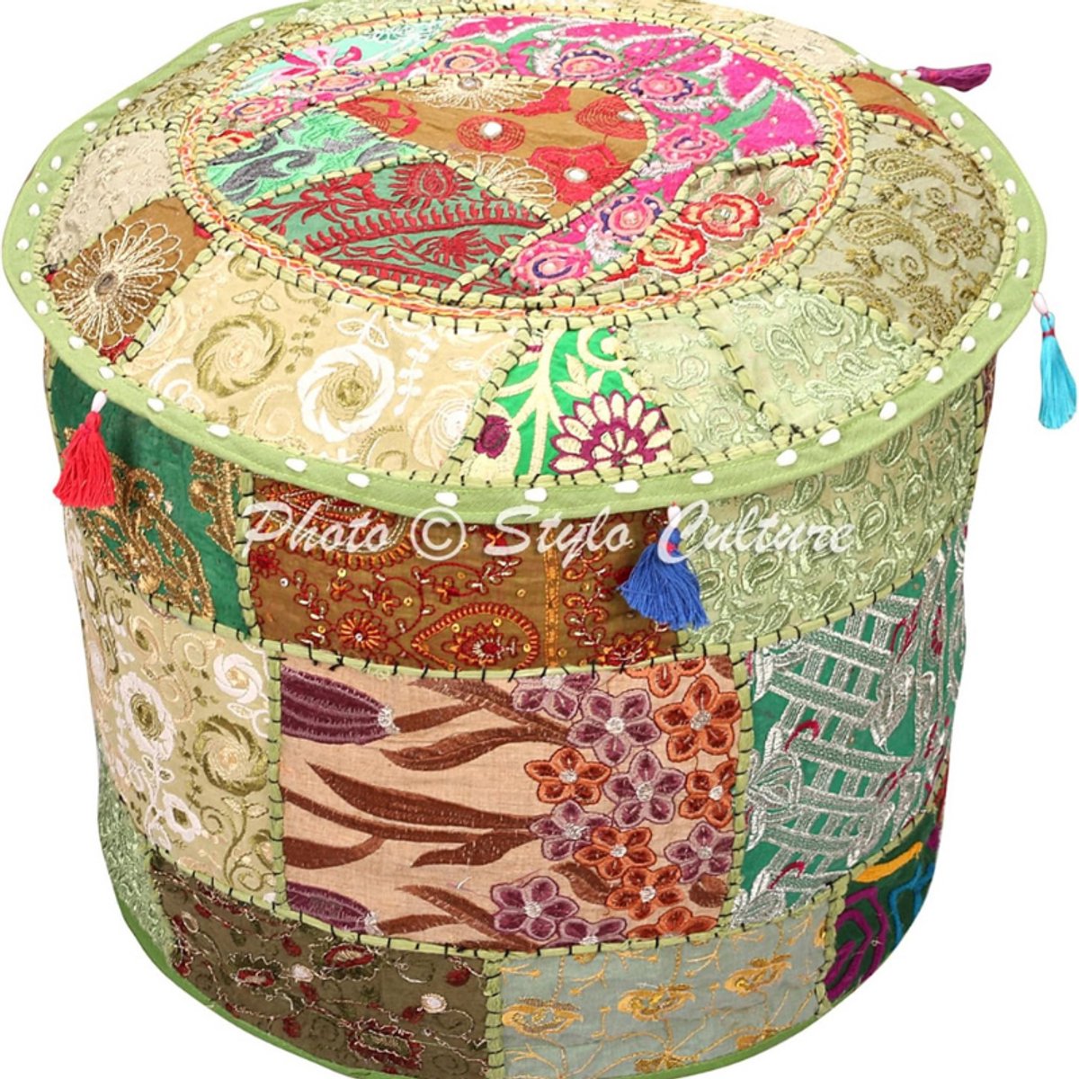 Voetenbank Hoes Vintage Groen - Indiase Geborduurde Patchwork Katoen - Traditionele Ronde Poef Ottoman Hoes - 40x40x33 cm