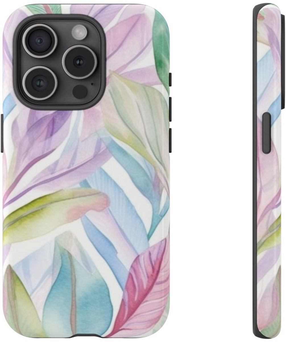 Aquarel Pastelbladeren Patroon – Telefoonhoesje Geschikt voor iPhone 15 Pro