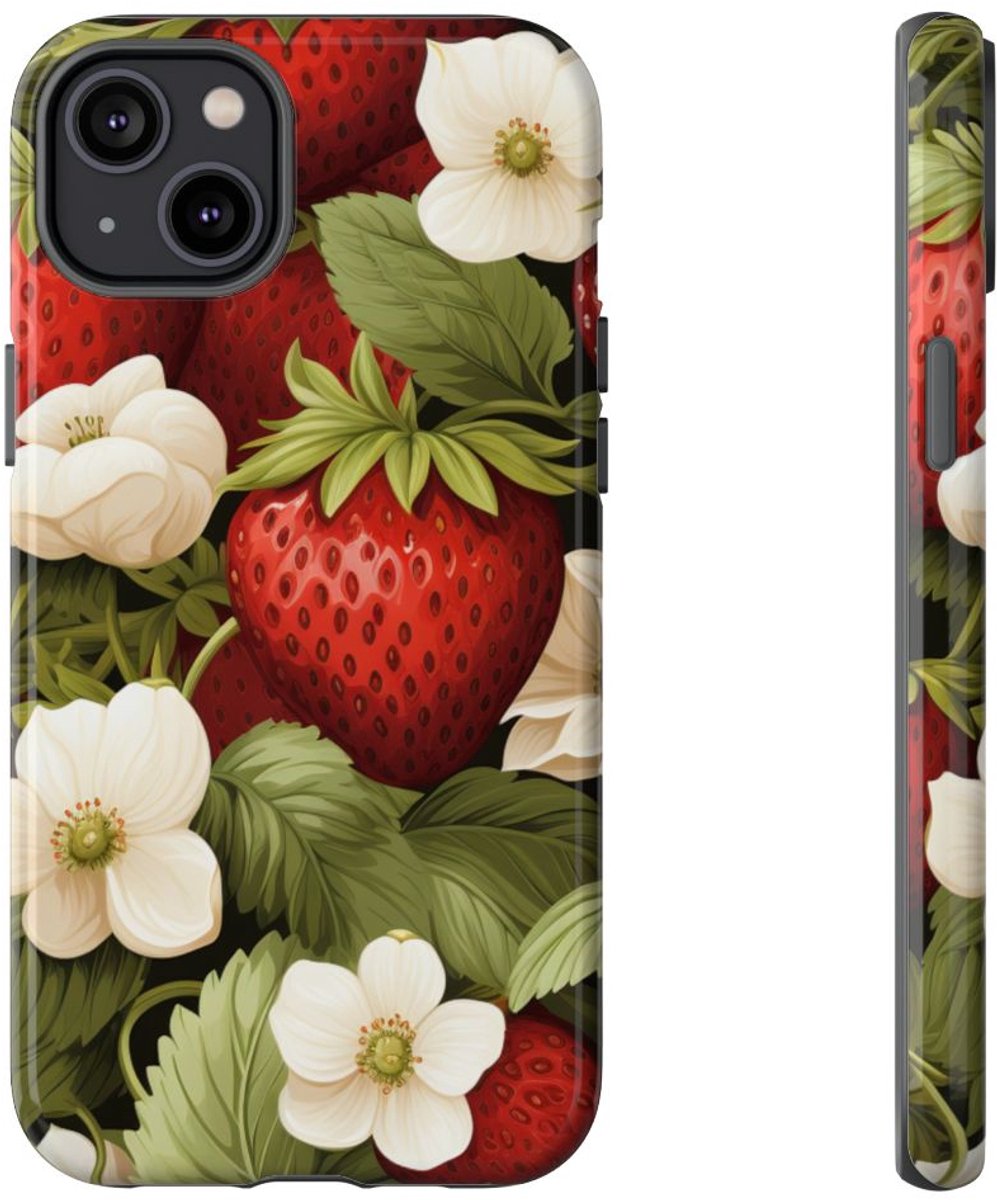 Aardbeienpatroon met Witte Bloemen – Telefoonhoesje Geschikt voor iPhone 14 Plus