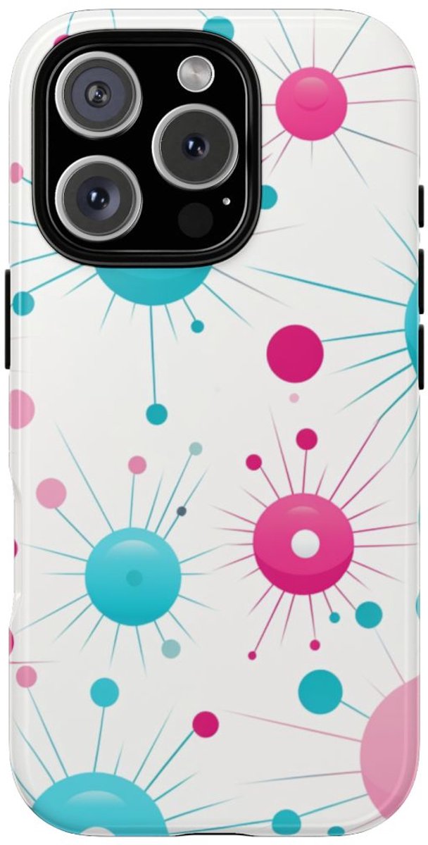 Retro Atomisch Patroon in Roze en Turquoise – Telefoonhoesje Geschikt voor iPhone 16 Pro