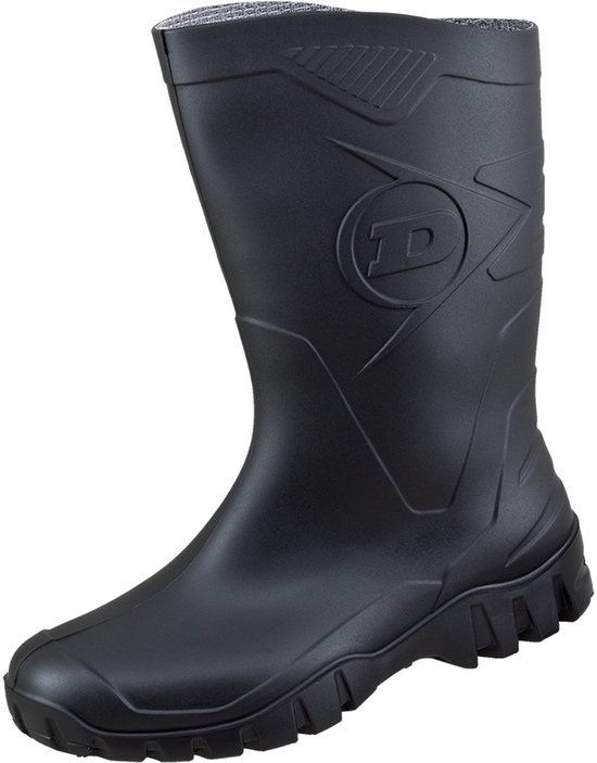Zwarte Dunlop kuitlaars met profiel, Dunlop logo en textuur aan de bovenkant.