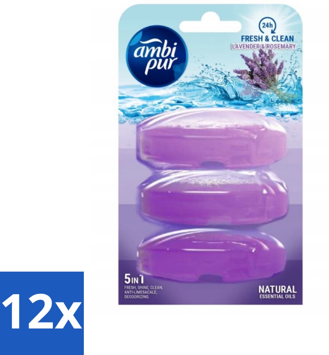 12 x Ambi Pur Toiletblok Navulling Lavendel & Rozemarijn 3 stuks per verpakking - Toiletblok - Toiletvulling - Lavendelgeur - Rozemarijn - Frisse Geur