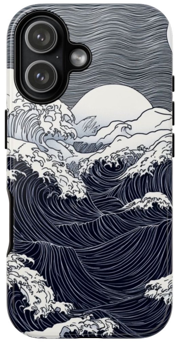 Monochrome Oceaangolven met Maan – Telefoonhoesje Geschikt voor iPhone 17