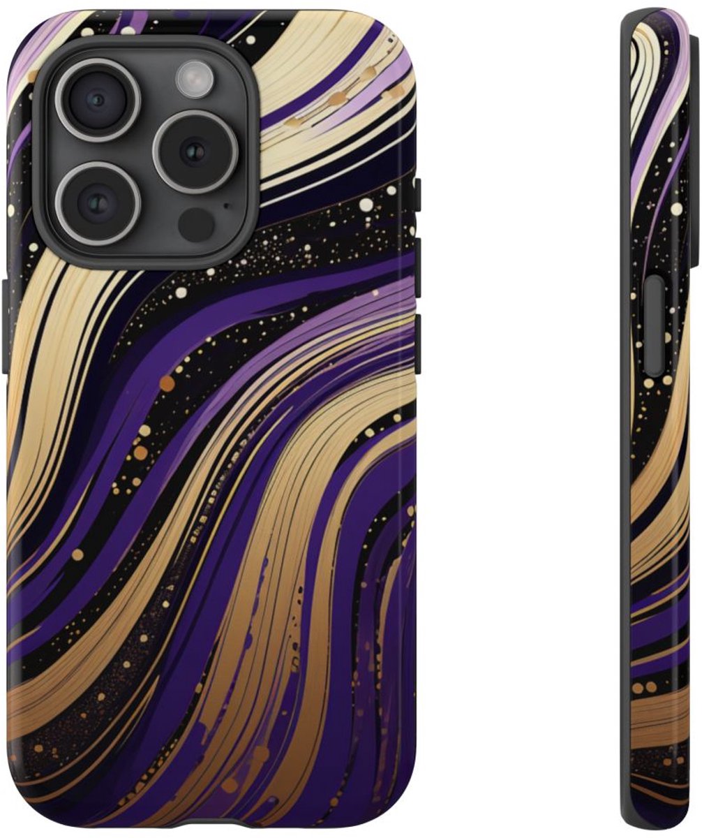Paarse en Gouden Abstracte Krullen – Telefoonhoesje Geschikt voor iPhone 15 Pro