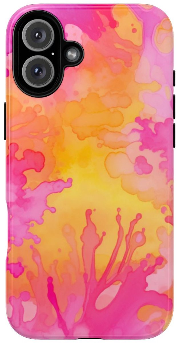 Roze en Oranje Abstracte Inktspatten – Telefoonhoesje Geschikt voor iPhone 16 Plus