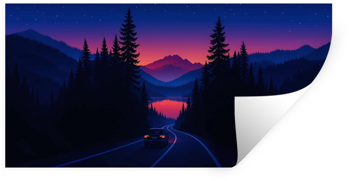 Muurstickers - Sticker Folie - Auto - Donkere dennenbomen - Zonsondergang - 120x60 cm - Pl