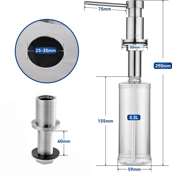 Distributeur de savon en inox avec réservoir de 0.3L. Dimensions 75mm, 50mm, 290mm, 155mm, 59mm. S'adapte à un trou de 25-35mm.