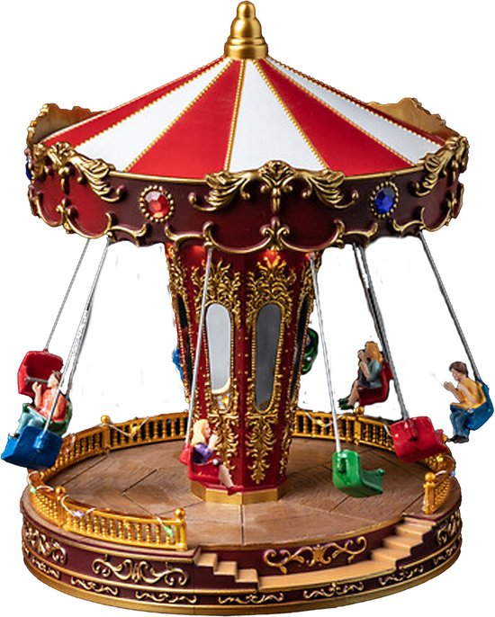 Feeric Lights & Christmas Kerstdorp kerst tafereel - Draaimolen - draaiend - met led verlichting - 26 cm