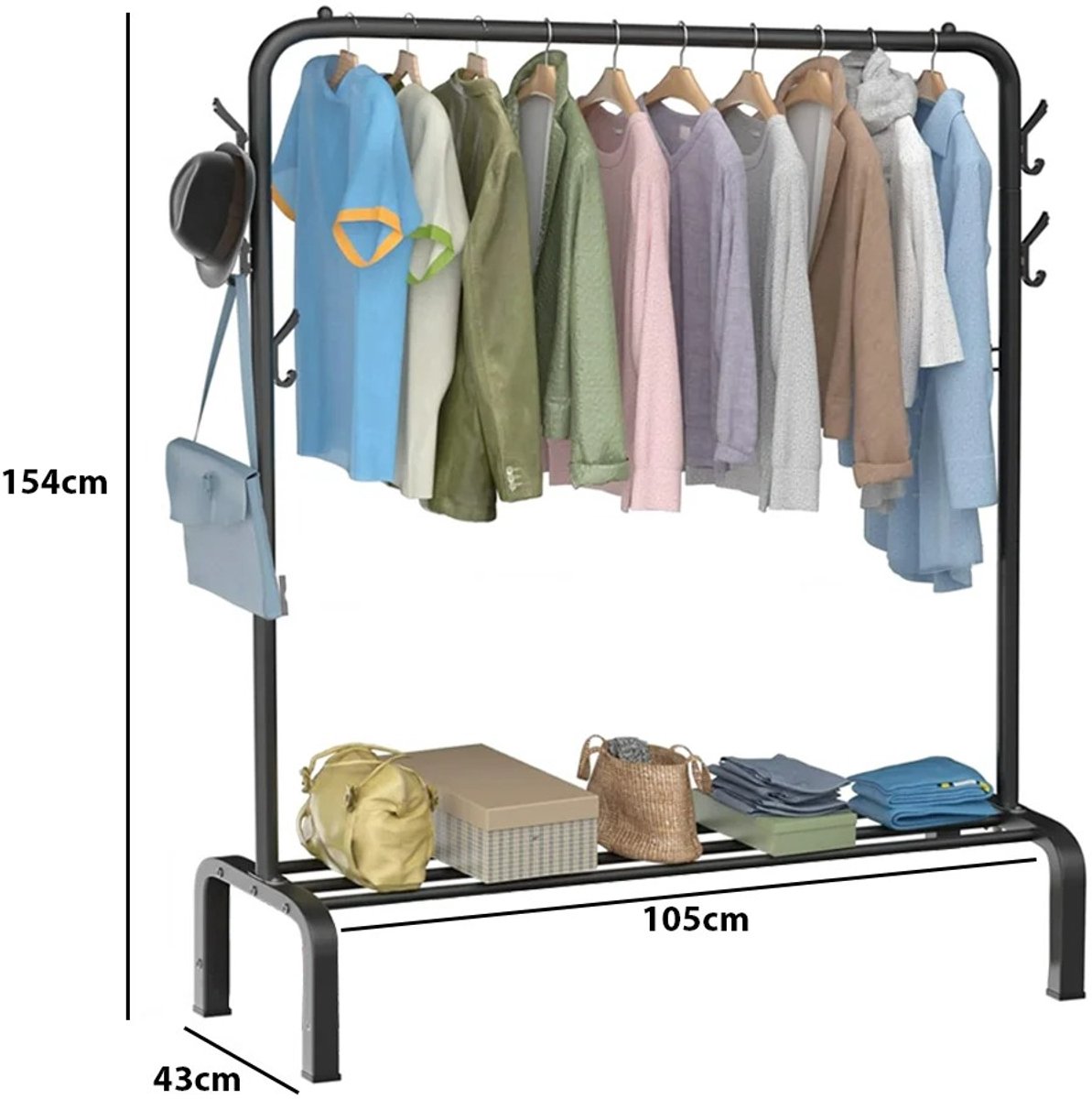 Kledingrek & Schoenenrek – 154x43x105 cm – Vloerstaand Garderoberek met Planken en Haken – Organizer voor Kleding, Schoenen & Tassen – Slaapkamer Kapstok - Zwart