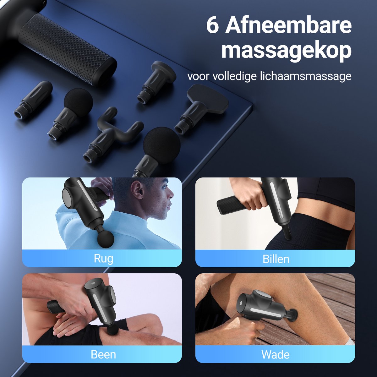 Afbeelding 3 van MERACH Massageapparaat - Borstelloze motor krachtige massagepistool met 6 opzetstukken - 5 standen, Compleet spierontspanningsset voor diepe weefselmassage - 4 uur batterijduur, automatische stop - massagegun voor lichaam, rug & schouders