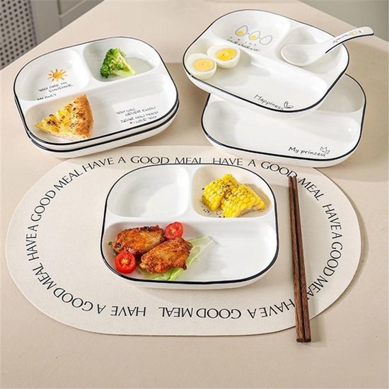 Assiettes divisées en céramique pour adultes - Contrôle des portions - Assiettes à dîner avec compartiment pour desserts, salade, steak.