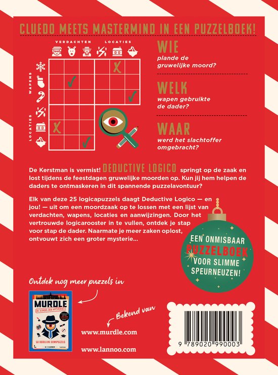 Boekcover met Cluedo en Mastermind thema. Een kruisverwijzingstabel voor verdachten, wapens en locaties. Tekst: "CLUEDO MEETS MASTERMIND IN EEN PUZZELBOEK!".