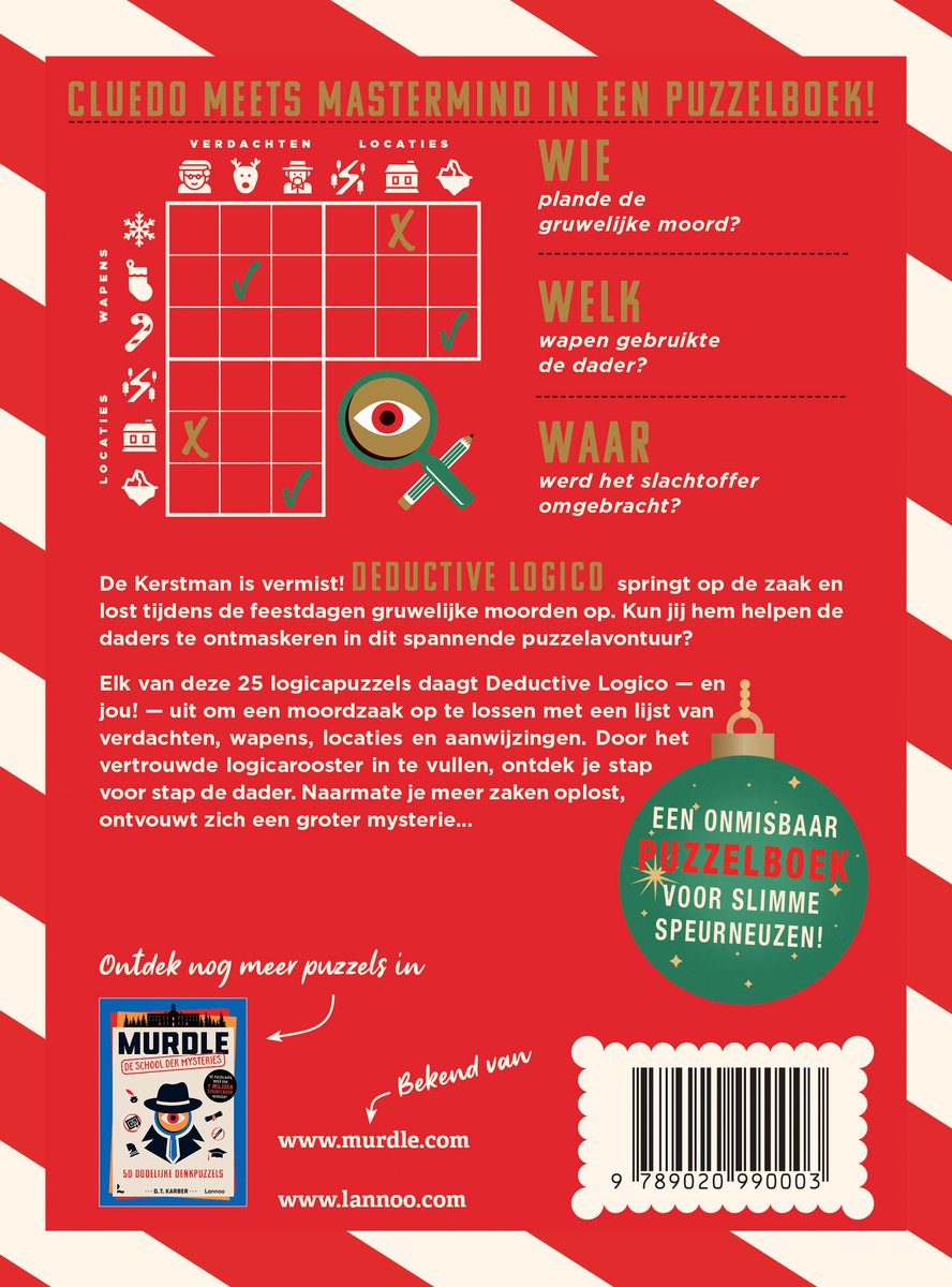 Boekcover met Cluedo en Mastermind thema. Een kruisverwijzingstabel voor verdachten, wapens en locaties. Tekst: "CLUEDO MEETS MASTERMIND IN EEN PUZZELBOEK!".
