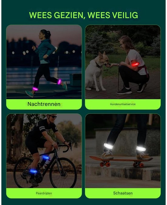 4 Stuks Oplaadbare LED Armbanden Reflecterend - Groen En Blauw Voor Joggen, Hardlopen En Sport | USB Lichtarmband Hoge Zichtbaarheid