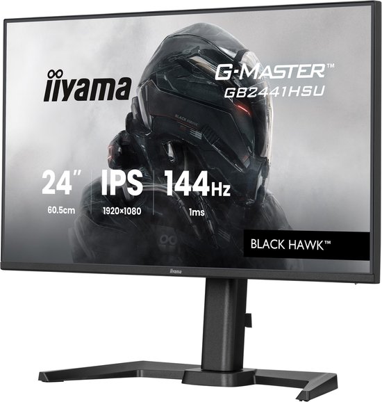 Een 24-inch IPS G-MASTER GB2441HSU monitor met 144Hz, 1920x1080 resolutie en 1ms responstijd. Gedetailleerde graphics.
