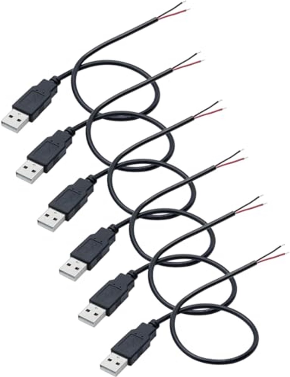 Image of 6 Stuks 22AWG USB Pigtail 2-Draads USB 2.0 Kabel voor 12V 3A Voeding