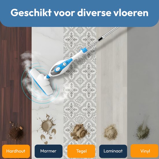 Een stoomreiniger op verschillende vloeren: hardhout, marmer, tegels, laminaat en vinyl, met vuil dat wordt schoongemaakt.