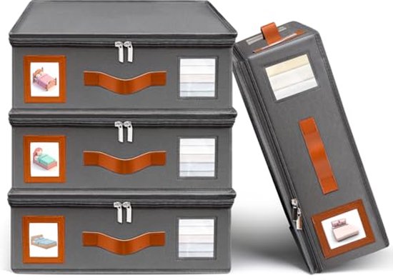 TAHAVICE Beddengoed-organizer, 2 stuks, beddengoed, opslag voor lakens met venster en ritssluiting, opvouwbare dekenorganizer voor King en Queen beddengoed (Grijs