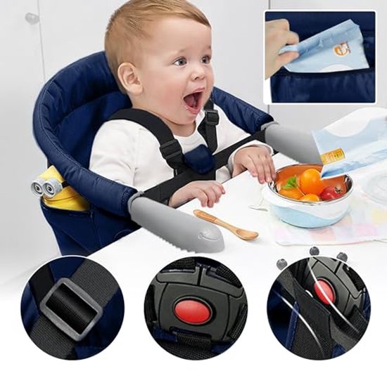 Opvouwbare Tafelstoel voor Baby, Hoge Stoel met Zitverhoging, Stabiliteit en Comfort, Inclusief Tas, Blauw van Merkloos — afbeelding 4