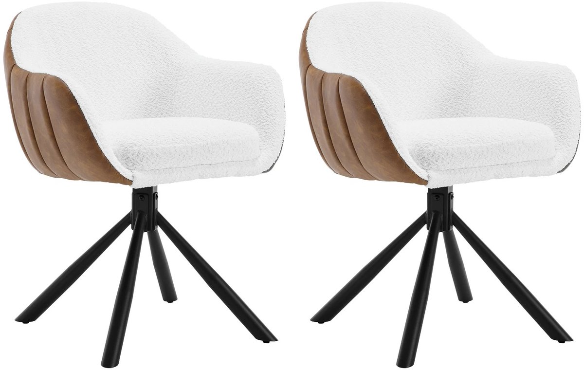 Cozy Cottage® Set van 2 Gestoffeerde Draaibare Keukenstoelen – Ergonomische Designer Eetkamerstoelen met Armleuningen – Comfortabele Lounge Stoelen voor Woonkamer, Eetkamer & Restaurant - Velvet met Bouclé Stof - Wit met Bruin