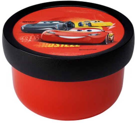 Boîte de conservation rouge avec couvercle noir et image Cars.