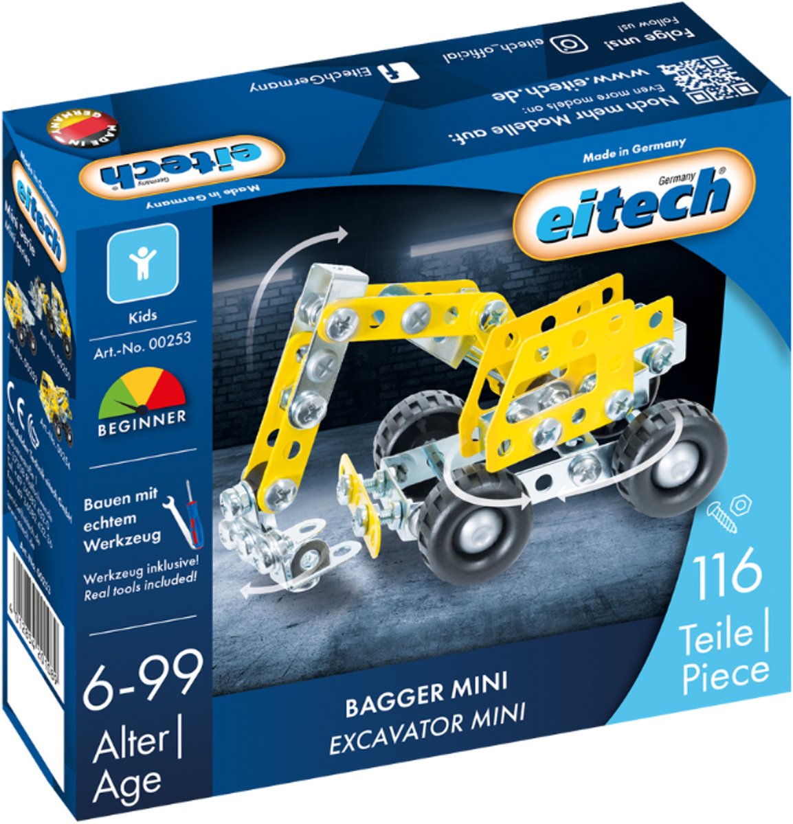 Bouwdoos – Mini Graafmachine – 116-delig – Metalen Bouwpakket met Gereedschap – Constructiespeelgoed – Vanaf 6 Jaar