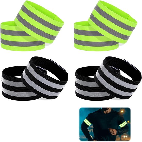 Deux ensembles de 8 bandes de course réfléchissantes - bandes réglables pour les bras et les chevilles pour une meilleure visibilité dans l'obscurité (idéal pour la course, le vélo et la marche - 4 vertes et 4 noires)