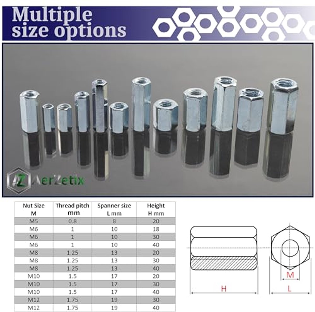 Set van 20 verlengde verbindingmoeren M8x30 - galvaniseer staal - zilver gekleurd