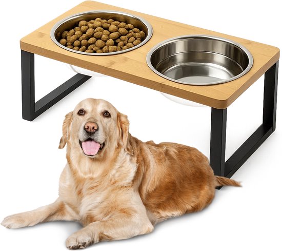 Mangeoires de compagnie Lomera - Mangeoires Animaux domestiques - Mangeoires pour petit Chiens - Mangeoires en acier inoxydable - Support en Bamboe - Support hydrofuge - Caoutchouc antidérapant - Taille - Profondeur